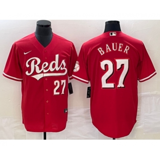 Men's Cincinnati Reds 27 Trevor Bauer Number Red Stitched MLB Cool Base Nike Jersey