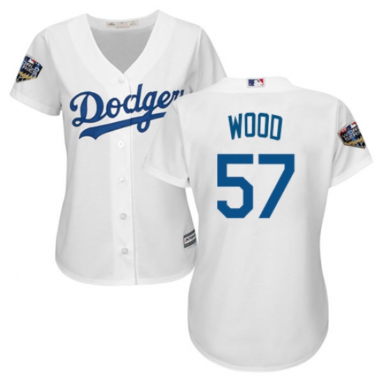 Women's Majestic Los Angeles Dodgers 57 Alex Wood Authentic White Home Cool Base 2018 World Series MLB Jersey