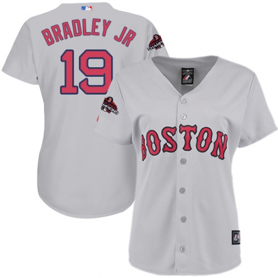Women's Majestic Boston Red Sox 19 Jackie Bradley Jr Authentic Grey Road 2018 World Series Champions MLB Jersey