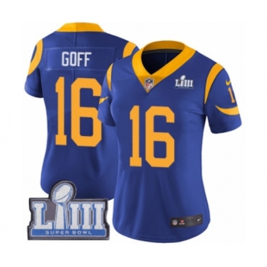 Women's Nike Los Angeles Rams 16 Jared Goff Royal Blue Alternate Vapor Untouchable Limited Player Super Bowl LIII Bound NFL Jersey