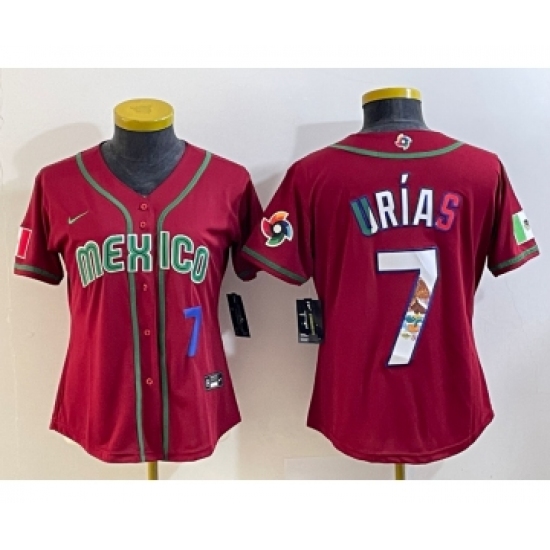 Women's Mexico Baseball 7 Julio Urias Number 2023 Red World Baseball Classic Stitched Jersey5