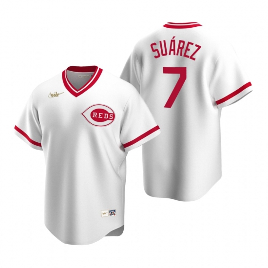 Men's Nike Cincinnati Reds 7 Eugenio Suarez White Cooperstown Collection Home Stitched Baseball Jersey