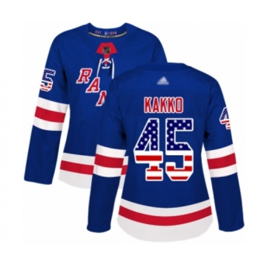 Women's New York Rangers 45 Kaapo Kakko Authentic Royal Blue USA Flag Fashion Hockey Jersey