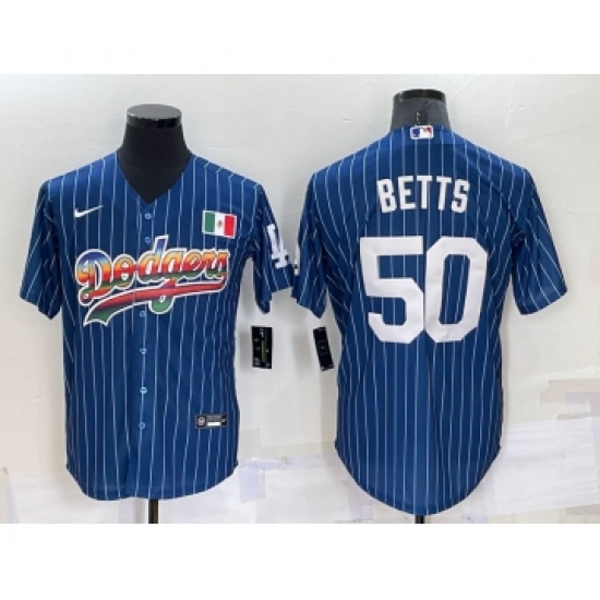 Men's Los Angeles Dodgers 50 Mookie Betts Rainbow Blue Red Pinstripe Mexico Cool Base Nike Jersey