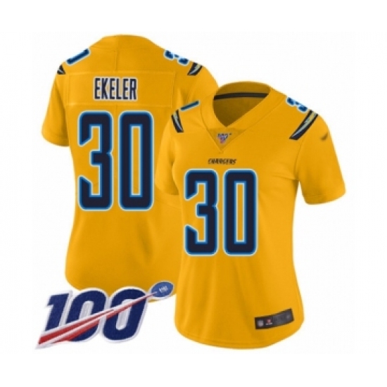 Women's Los Angeles Chargers 30 Austin Ekeler Limited Gold Inverted Legend 100th Season Football Jersey