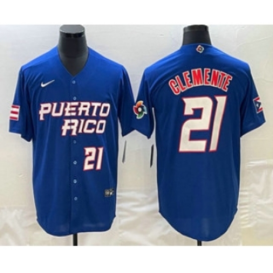 Men's Puerto Rico Baseball 21 Roberto Clemente Number 2023 Blue World Classic Stitched Jerseys