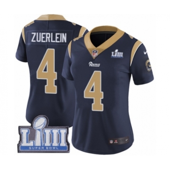 Women's Nike Los Angeles Rams 4 Greg Zuerlein Navy Blue Team Color Vapor Untouchable Limited Player Super Bowl LIII Bound NFL Jersey