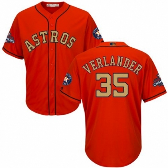 Youth Majestic Houston Astros 35 Justin Verlander Authentic Orange Alternate 2018 Gold Program Cool Base MLB Jersey