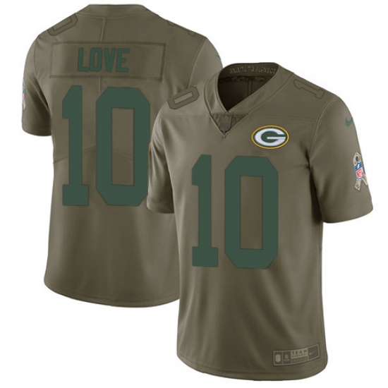Men's Green Bay Packers 10 Jordan Love Olive Stitched NFL Limited 2017 Salute To Service Jersey