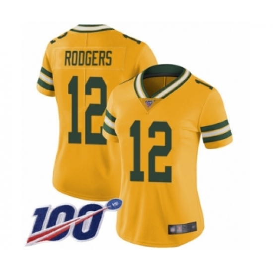 Women's Green Bay Packers 12 Aaron Rodgers Limited Gold Rush Vapor Untouchable 100th Season Football Jersey