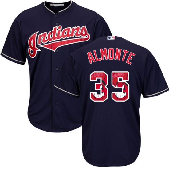 Men's Majestic Cleveland Indians 35 Abraham Almonte Authentic Navy Blue Team Logo Fashion Cool Base MLB Jersey