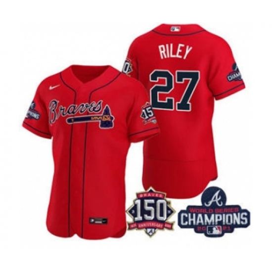 Men's Atlanta Braves 27 Austin Riley 2021 Red World Series Champions With 150th Anniversary Flex Base Stitched Jersey