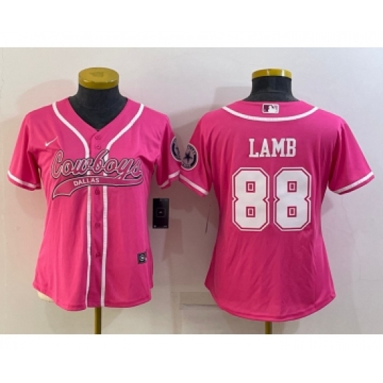 Women's Dallas Cowboys 88 CeeDee Lamb Pink With Patch Cool Base Stitched Baseball Jersey