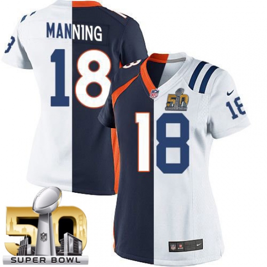 Women's Nike Denver Broncos 18 Peyton Manning Elite Orange/Royal Blue Split Fashion Super Bowl 50 Bound NFL Jersey