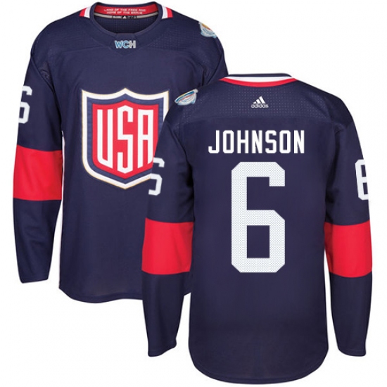 Men's Adidas Team USA 6 Erik Johnson Premier Navy Blue Away 2016 World Cup Ice Hockey Jersey
