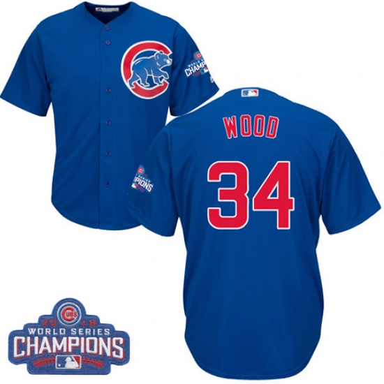 Youth Majestic Chicago Cubs 34 Kerry Wood Authentic Royal Blue Alternate 2016 World Series Champions Cool Base MLB Jersey