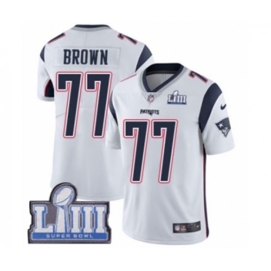 Youth Nike New England Patriots 77 Trent Brown White Vapor Untouchable Limited Player Super Bowl LIII Bound NFL Jersey