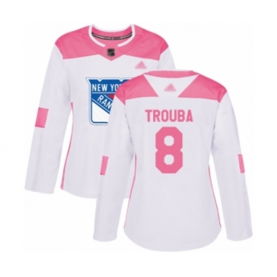 Women's New York Rangers 8 Jacob Trouba Authentic White Pink Fashion Hockey Jersey