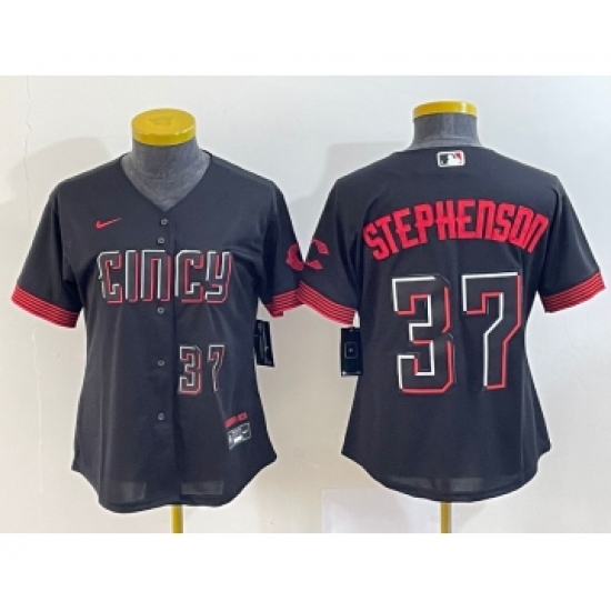 Women's Cincinnati Reds 37 Tyler Stephenson Number Black 2023 City Connect Cool Base Stitched Jersey2