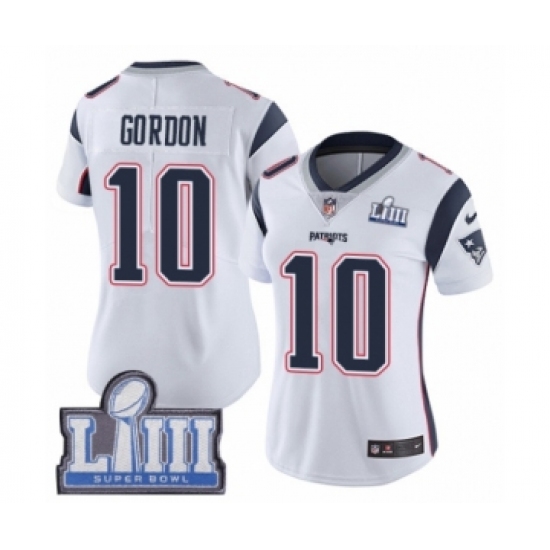 Women's Nike New England Patriots 10 Josh Gordon White Vapor Untouchable Limited Player Super Bowl LIII Bound NFL Jersey