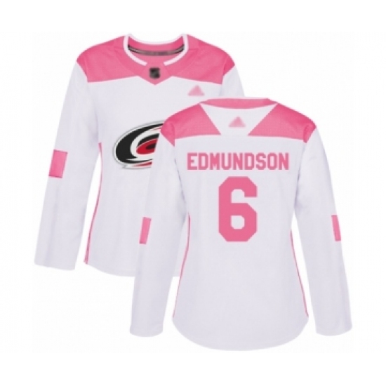Women's Carolina Hurricanes 6 Joel Edmundson Authentic White Pink Fashion Hockey Jersey