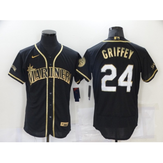 Men's Seattle Mariners 24 Ken Griffey Authentic Black Gold Elite Fashion Baseball Jersey