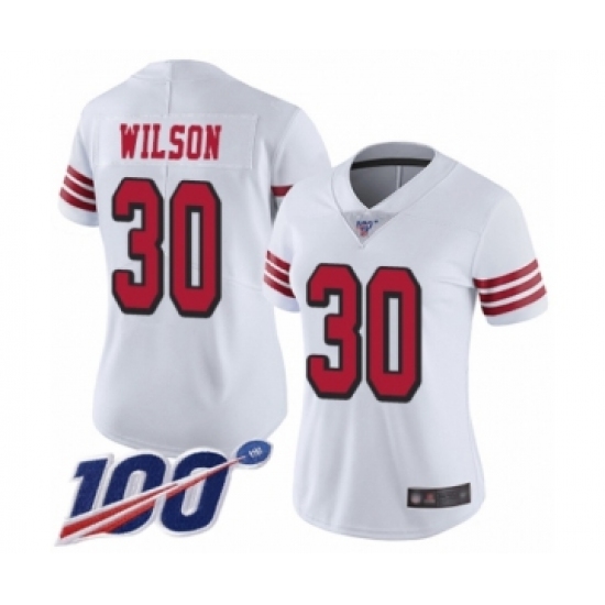 Women's San Francisco 49ers 30 Jeff Wilson Limited White Rush Vapor Untouchable 100th Season Football Jersey