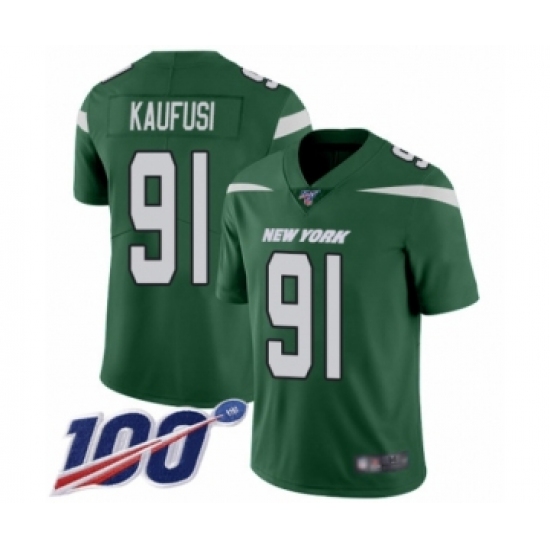 Men's New York Jets 91 Bronson Kaufusi Green Team Color Vapor Untouchable Limited Player 100th Season Football Jersey