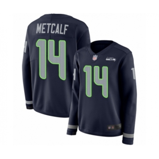 Women's Seattle Seahawks 14 D.K. Metcalf Limited Navy Blue Therma Long Sleeve Football Jersey