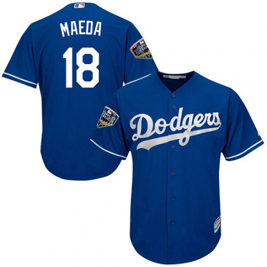 Youth Majestic Los Angeles Dodgers 18 Kenta Maeda Authentic Royal Blue Alternate Cool Base 2018 World Series MLB Jersey