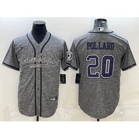 Men's Dallas Cowboys 20 Tony Pollard Grey Gridiron With Patch Cool Base Stitched Baseball Jersey