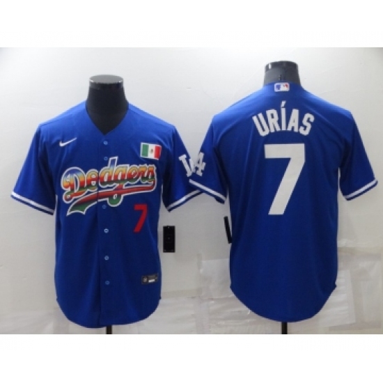 Men's Los Angeles Dodgers 7 Julio Urias Blue With Red Stitched MLB Cool Base Nike Fashion Jersey