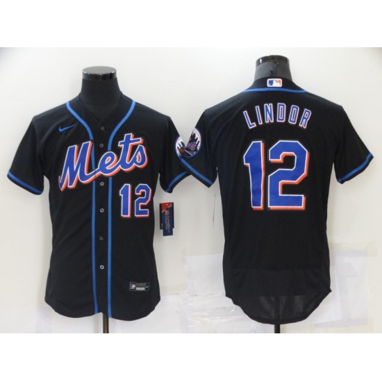 Men's Nike New York Mets 12 Francisco Lindor Black Elite Jersey