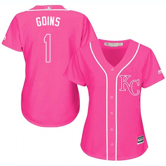 Women's Majestic Kansas City Royals 1 Ryan Goins Authentic Pink Fashion Cool Base MLB Jersey