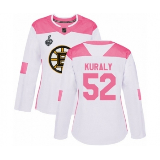 Women's Boston Bruins 52 Sean Kuraly Authentic White Pink Fashion 2019 Stanley Cup Final Bound Hockey Jersey