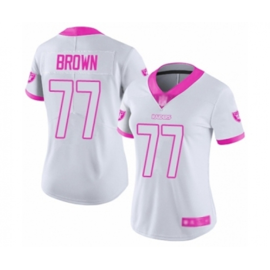 Women's Oakland Raiders 77 Trent Brown Limited White Pink Rush Fashion Football Jersey