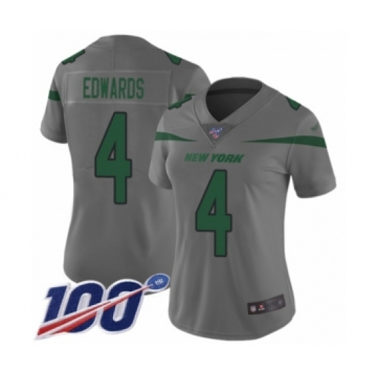 Women's New York Jets 4 Lac Edwards Limited Gray Inverted Legend 100th Season Football Jersey