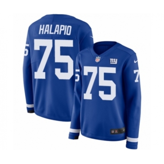 Women's Nike New York Giants 75 Jon Halapio Limited Royal Blue Therma Long Sleeve NFL Jersey