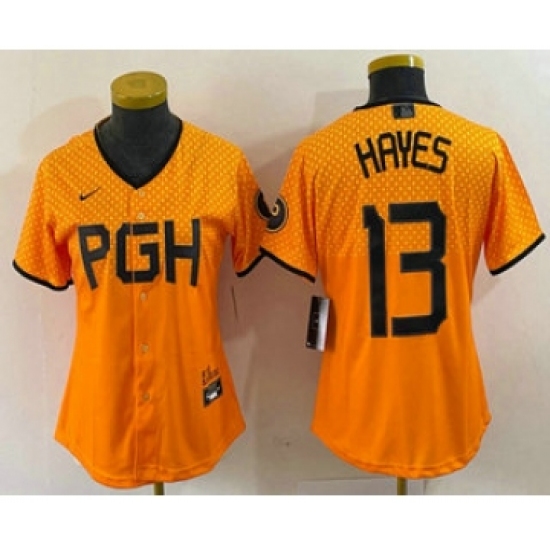 Women's Pittsburgh Pirates 13 KeBryan Hayes Yellow 2023 City Connect Stitched Jersey