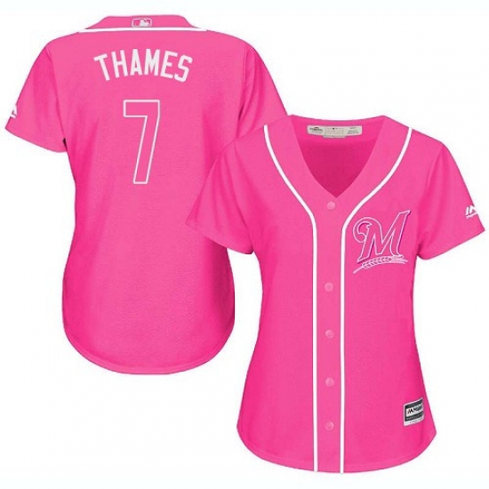 Women's Majestic Milwaukee Brewers 7 Eric Thames Authentic Pink Fashion Cool Base MLB Jersey