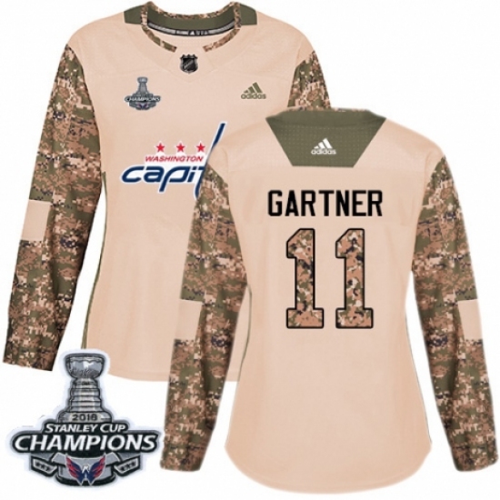 Women's Adidas Washington Capitals 11 Mike Gartner Authentic Camo Veterans Day Practice 2018 Stanley Cup Final Champions NHL Jersey