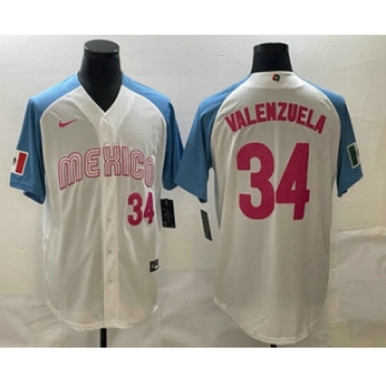 Men's Mexico Baseball 34 Fernando Valenzuela Number 2023 White Blue World Classic Stitched Jersey