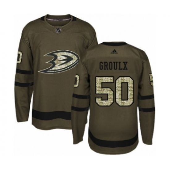 Men's Adidas Anaheim Ducks 50 Benoit-Olivier Groulx Authentic Green Salute to Service NHL Jersey