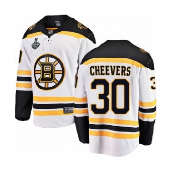 Men's Boston Bruins 30 Gerry Cheevers Authentic White Away Fanatics Branded Breakaway 2019 Stanley Cup Final Bound Hockey Jersey