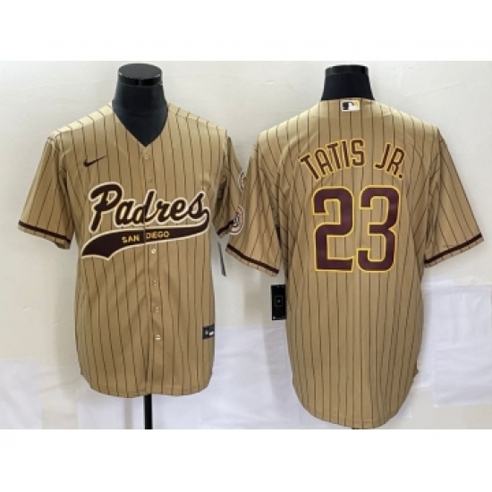 Men's San Diego Padres 23 Fernando Tatis Jr Tan NEW 2023 Cool Base Stitched Jersey 1