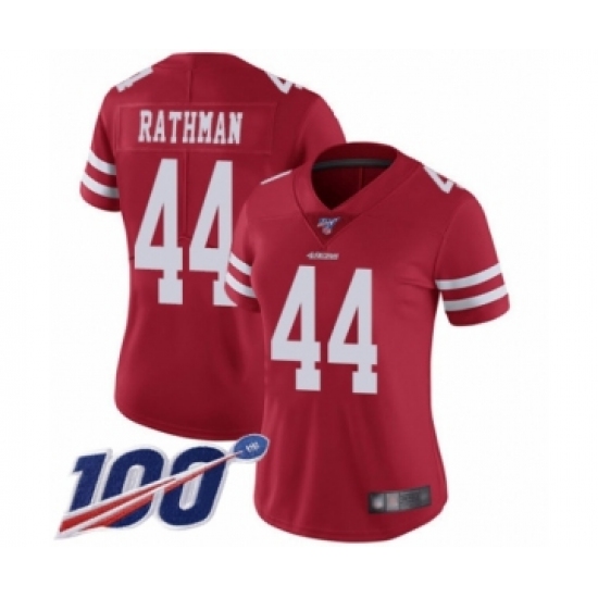 Women's San Francisco 49ers 44 Tom Rathman Red Team Color Vapor Untouchable Limited Player 100th Season Football Jersey