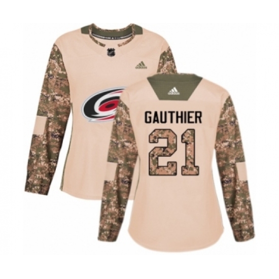 Women's Adidas Carolina Hurricanes 21 Julien Gauthier Authentic Camo Veterans Day Practice NHL Jersey