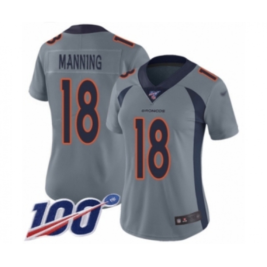 Women's Denver Broncos 18 Peyton Manning Limited Silver Inverted Legend 100th Season Football Jersey