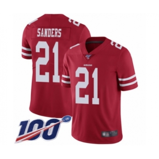 Men's San Francisco 49ers 21 Deion Sanders Red Team Color Vapor Untouchable Limited Player 100th Season Football Jersey