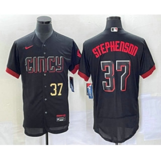 Men's Cincinnati Reds 37 Tyler Stephenson Number Black 2023 City Connect Flex Base Stitched Jersey 1